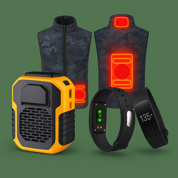 Vest with glowing red light, yellow and black device, and black wristbands with digital displays on a green background
